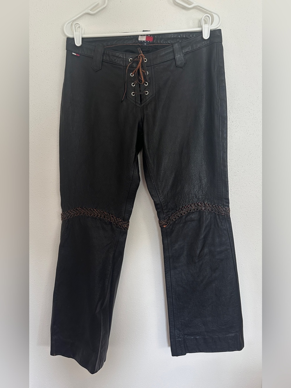 Vintage Tommy Hilfiger Black Leather Lace Up Pants Braided Knee Y2K Junior Sz 11